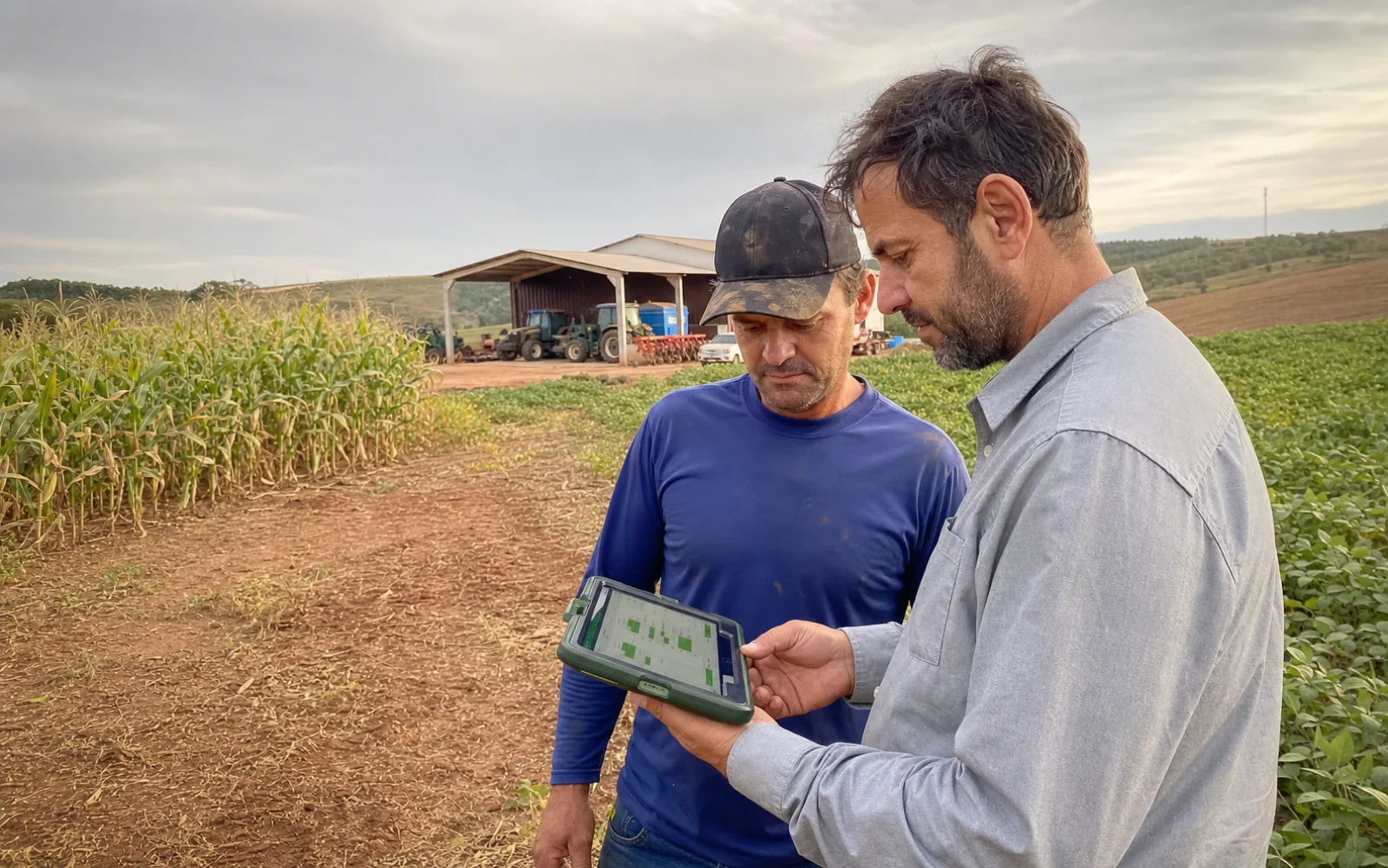 Proprietário e gerente rural conferem uma operação no tablet em campo